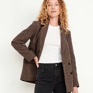 🤎 OLD NAVY Brown Plaid Double-Breasted Blazer – Size S